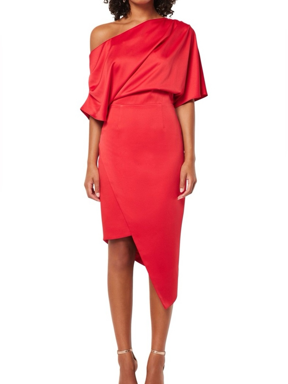 ELLIATT Carson Red One Shoulder Asymmetric Satin Midi Dress XS EUC